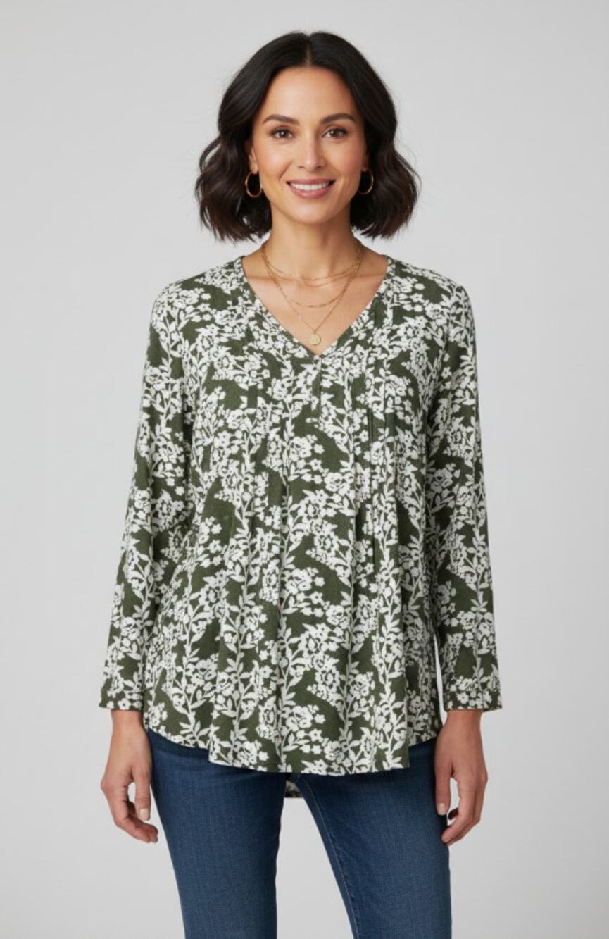 Fun2Fun Top Womens Size Small Floral V-Neck Popover Blouse Green White NEW